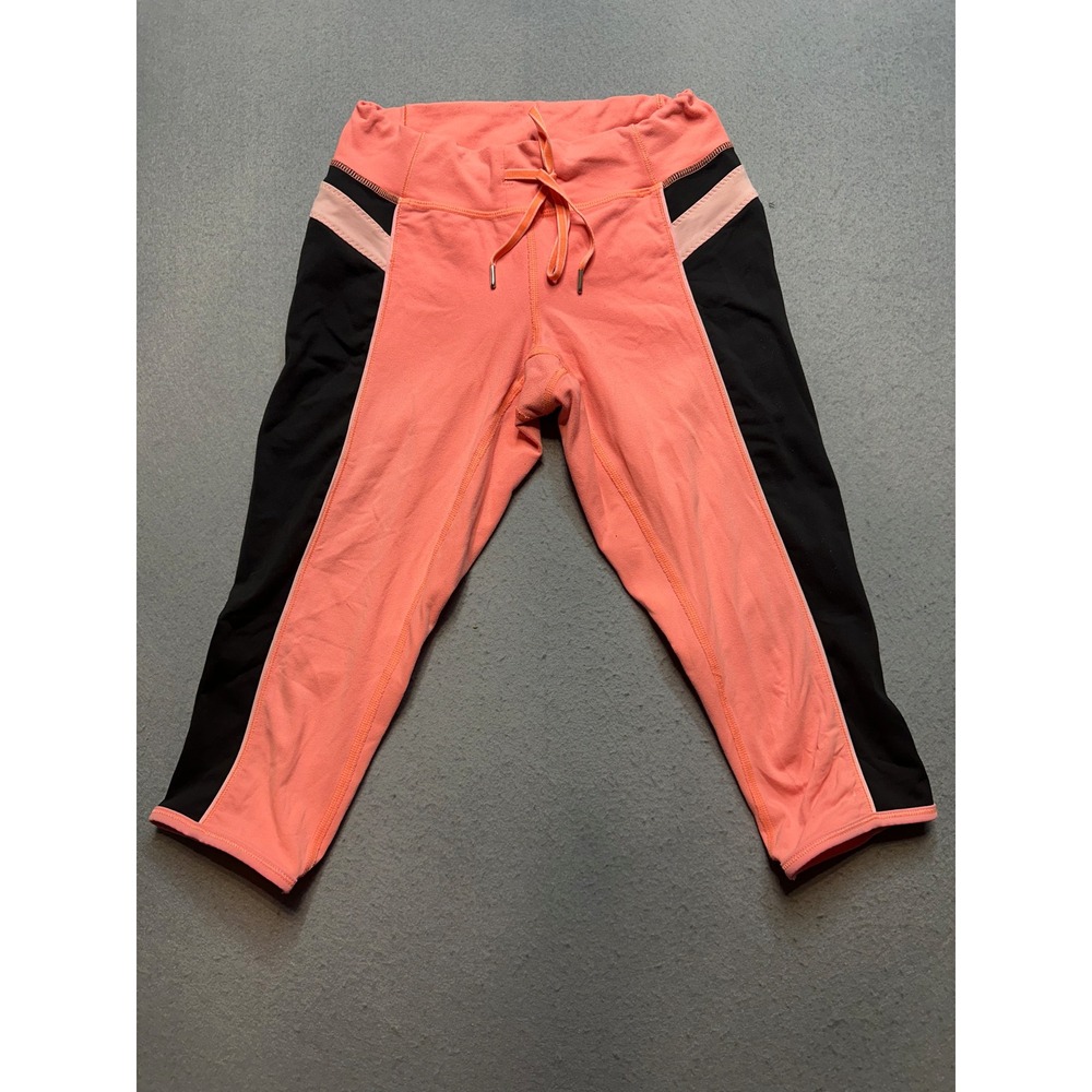 Lululemon Coral Pink Black Colorblock Crop Leggings Drawstring Waist Womens -134